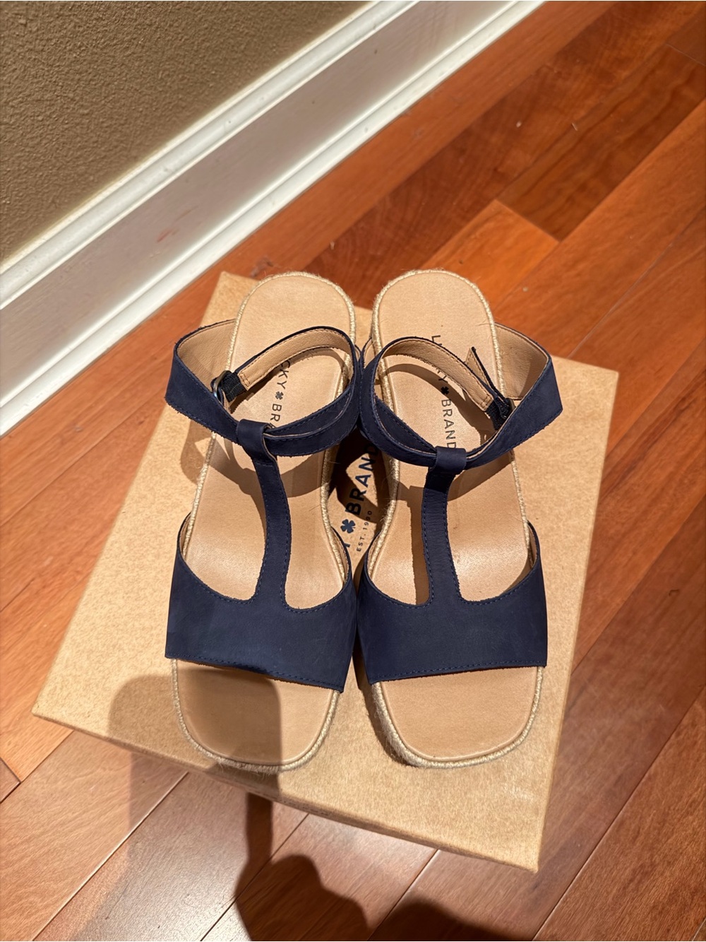 Lucky Brand Navy T-Strap Sandals with Ankle Buckle